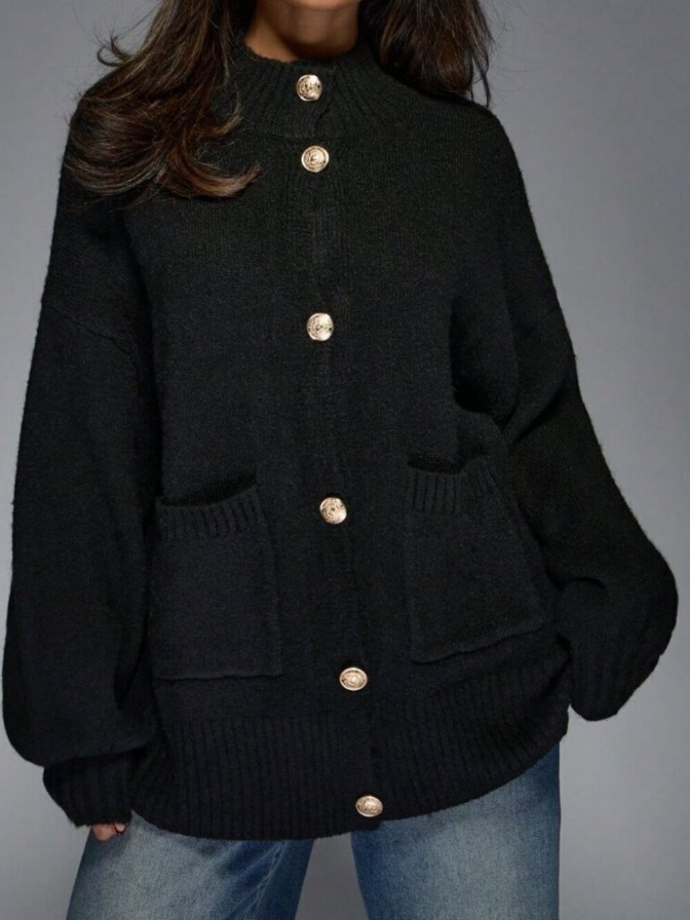 Black Casual Women's Knitted Button Drop Shoulder Long Sleeves Cardigan